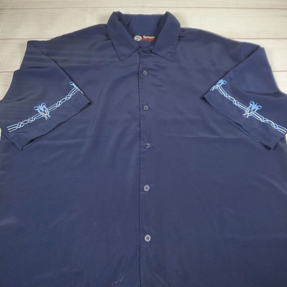 Vintage Sapphire Lounge Men Button Up Shirt XXL Tribal Short Sleeve Y2K Blue